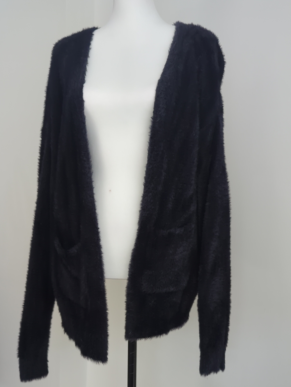 Double Zero Black Fuzzy Eyelash Knit Open Front Cardigan Sweater LARGE